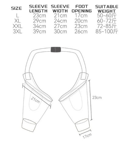 Measurement chart for sleeve length, width, foot opening, and suitable weight with a diagram of a garment.