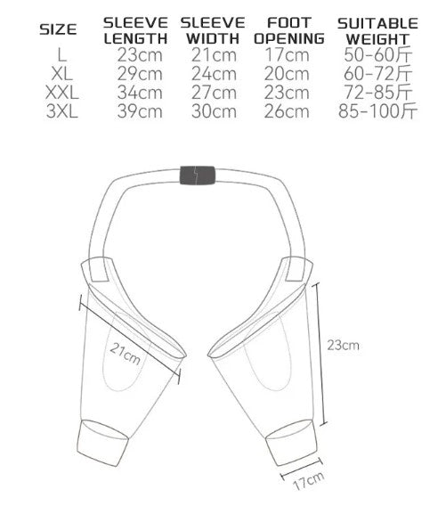 Measurement chart for sleeve length, width, foot opening, and suitable weight with a diagram of a garment.